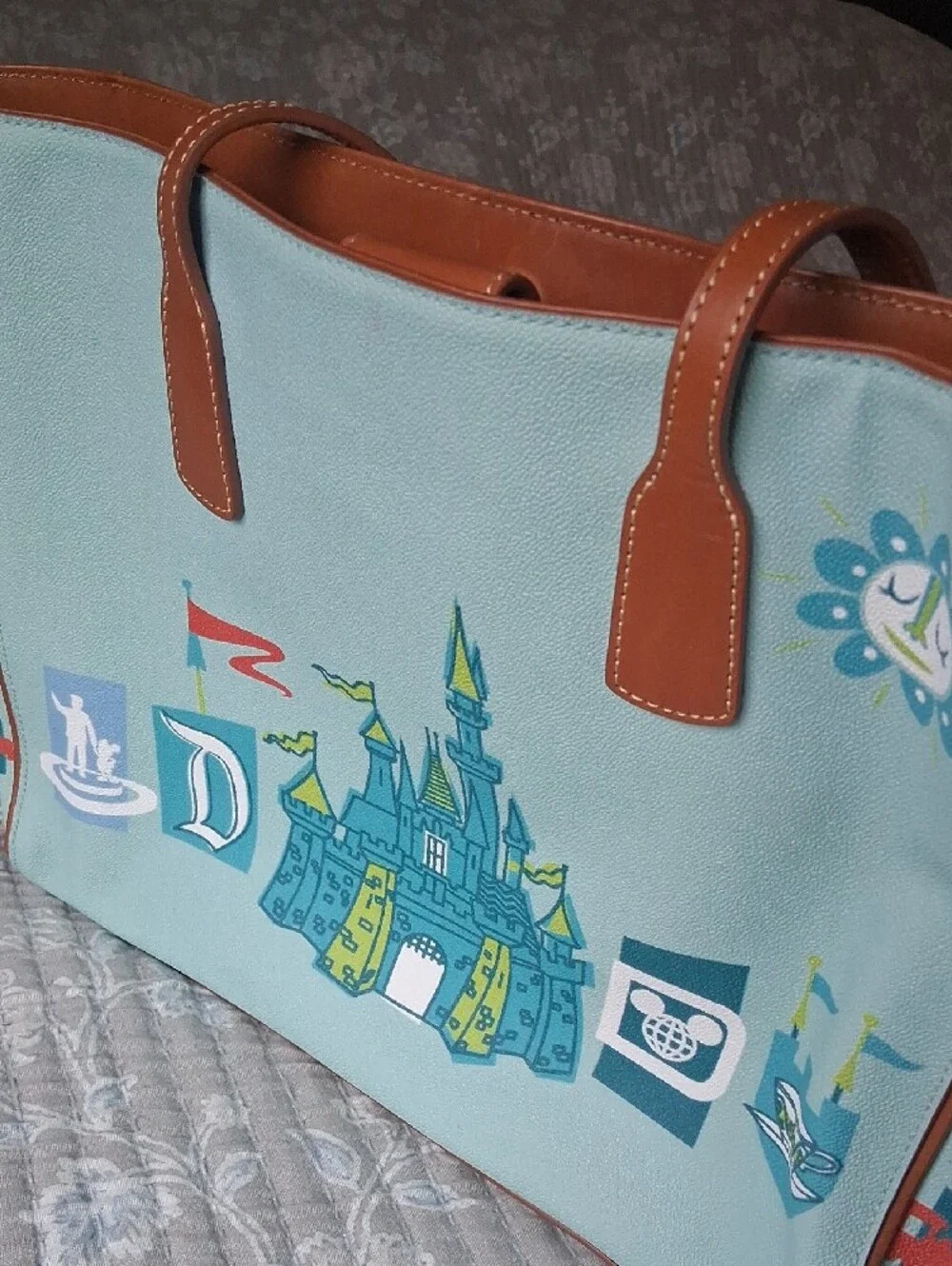 Disney Parks Dooney & Bourke Mint Castle Print Tote with Brown Leather Trim